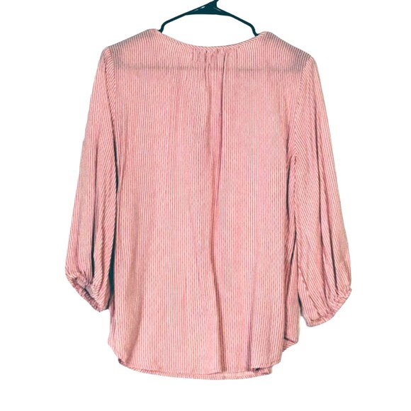 LIZ Clayborne Top Women's M Long Gathered Sleeve VNeck Popover Pink White Stripe - Picture 5 of 10